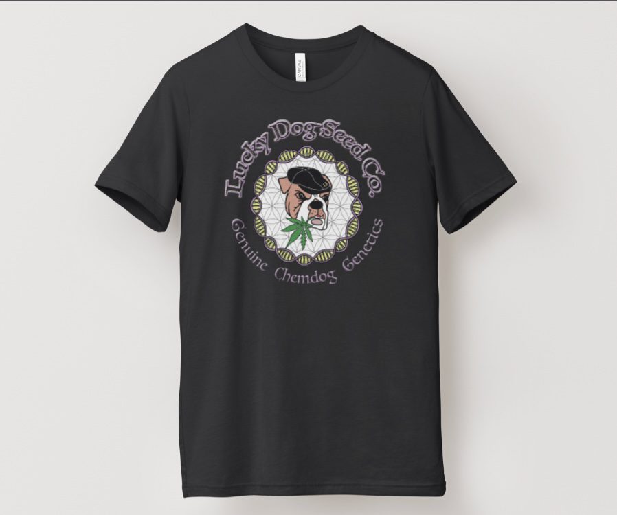 Front view of Lucky Dog Seed Co Black Mascot Tee showing DNA helix logo