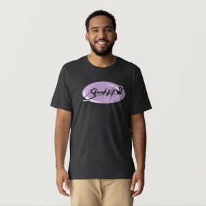 Model wearing SkunkVA Lavender Oval Tee in black - Lucky Dog Seed Co