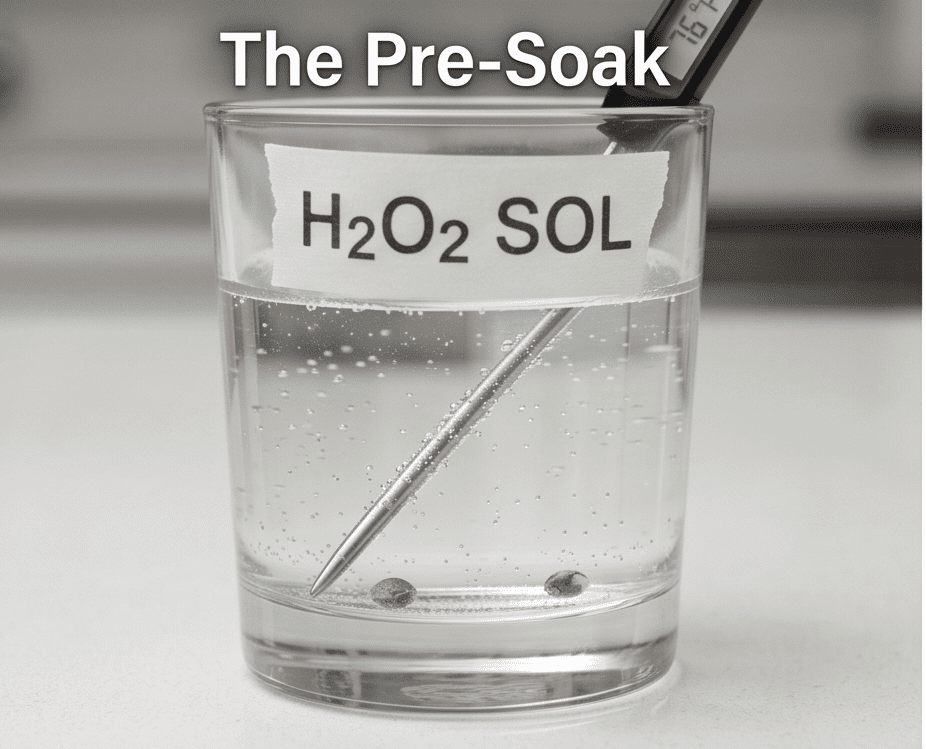 Cannabis seeds floating and soaking in a glass of water and hydrogen peroxide solution for germination.