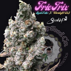 Frictrix strain cannabis cola graphic featuring Lucky Dog Seed Co branding and Skunk VA genetics.