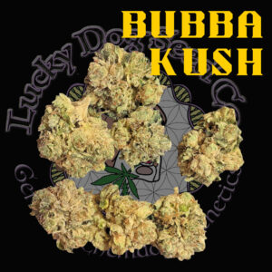 Bubba Kush clone strain card from Lucky Dog Seed Co showing cured Bubba Kush buds